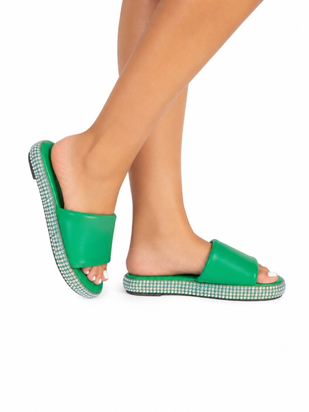 Women’s Green Rhinestone Platform Slide Sandals, 7.5